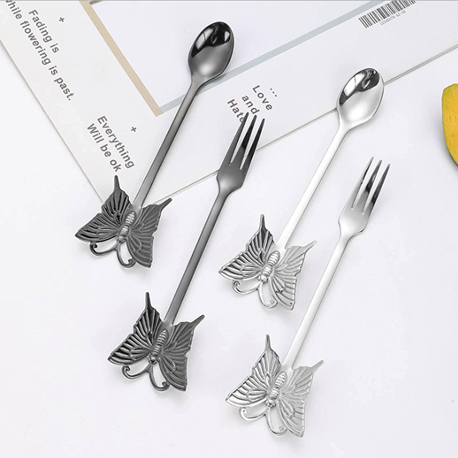 Cucharas De Mesa Manija mariposa cucharadita de acero inoxidable cuchara café dulce postre fruta horquilla espejo pulido Pulido vajilla Sopa Antigoteo Servir(Gold Fork)