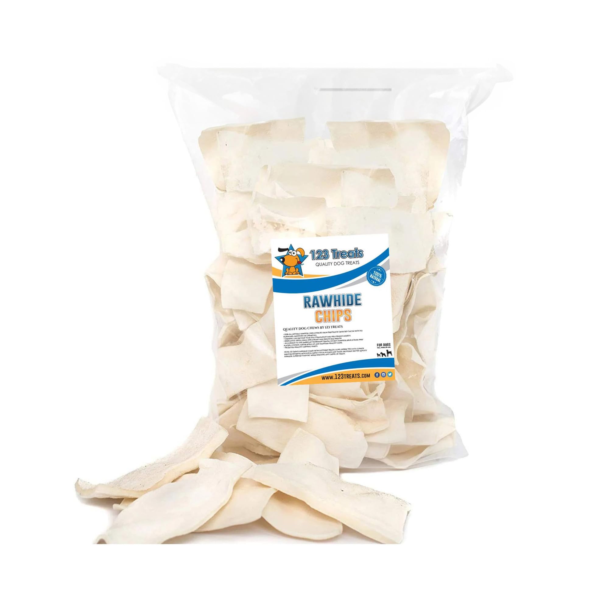 123 Treats Rawhide Dog Chips, Premium Rawhide Dog Chews, Natural Grass Fed Livestock with No Hormones, Additives or Chemicals, Tasty Long Lasting Chews for Dogs, Improve Oral Health, 6 Lbs