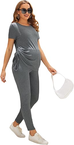 OYOANGLE Conjunto de maternidad de 2 piezas para mujer, con cordón fruncido, manga corta, camiseta acanalada y leggings, conjunto de descanso para