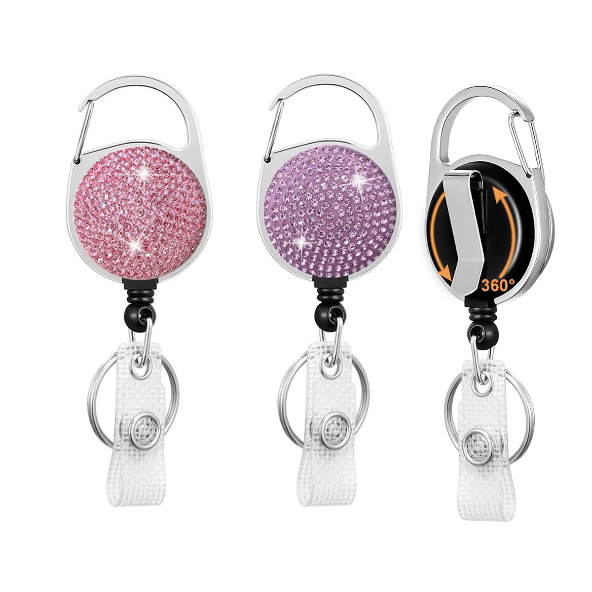 HASFINE 2 Pack Retractable Badge Reel with 360°Rotating Carabiner Belt Clip and Key Ring - Sparkly Rhinestone ID Badge Holder for Work Staff, Nurses,