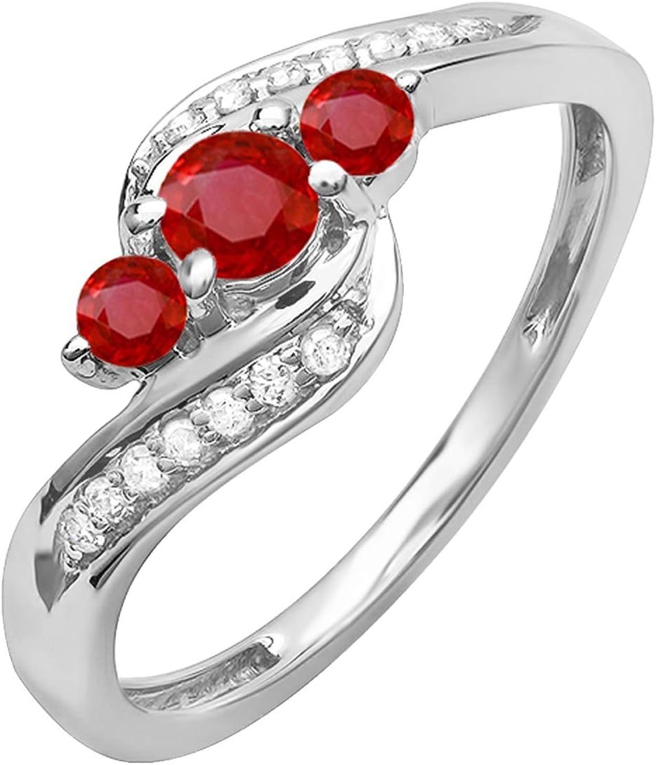Dazzlingrock Collection Round Ruby And White Diamond Womens Swirl Engagement 3 Stone Bridal Ring, 14K Solid White Gold