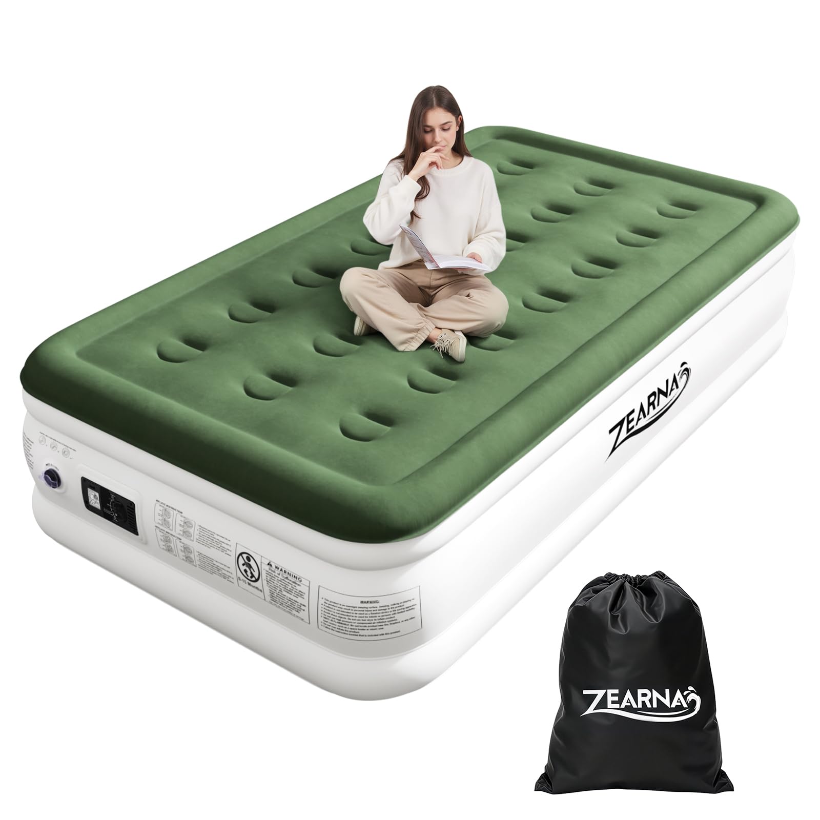 Zearna Colchón Hinchable Individual para 1 Persona, colchón Inflable Cama de Aire Autoinflable Rápido en 3 Min con Bomba Eléctrica Integrada, Invitados o Uso en Casa, Medidas 190x100x46 cm