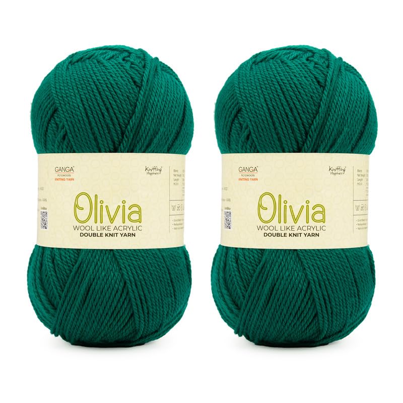 Image of Ganga Acrowools Acrylic Olivia, Double Knit Yarn. Hand Knitting and Crochet Yarn. Oekotex Class 1 Certified. Pack of 2 Balls - 100Gms Each.Shade No -OLV058 Spectra Green