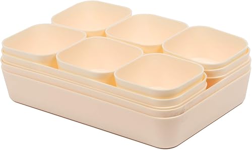 Miniatura 7 de Backerysupply Juego de 12 organizadores de cajones de escritorio de plástico de color beige para maquillaje, baño, oficina, cocina, cajón, caja de