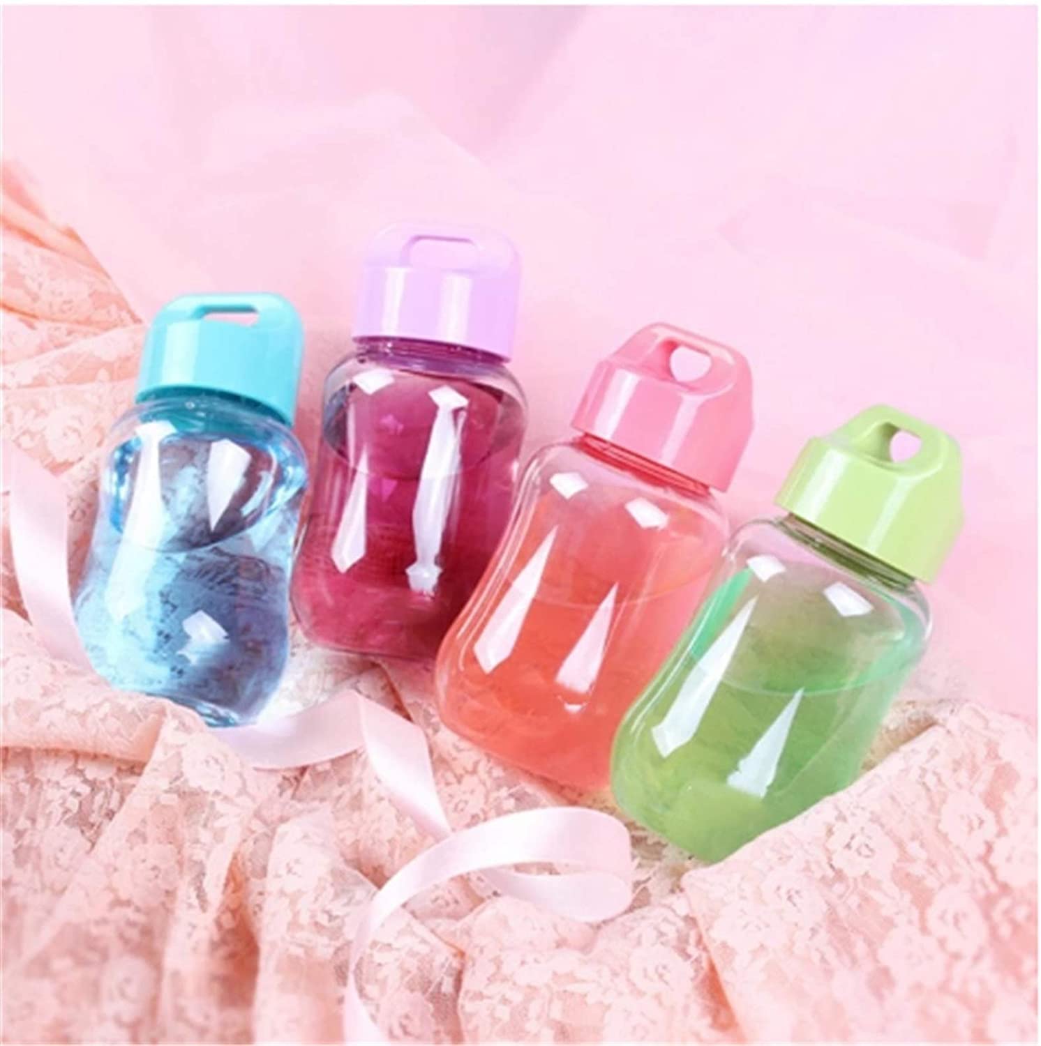 Mini botella de agua de dibujos animados Plástico Mis niños Botella de bebida de cristal Deportes portátiles Coctelera de proteína Cuerda de estudiante Taza de mano 180ML (Color: Púrpura) (Rosa)