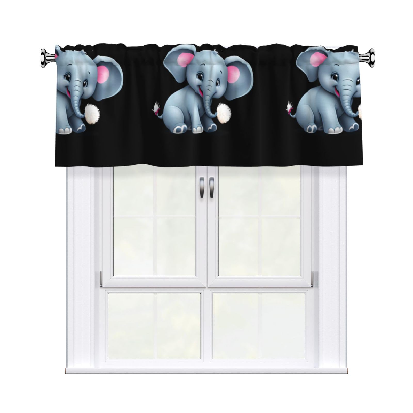 Baby Elephant Playing with Pompom Prints Short Curtains with Valance Rod 54x18in - Curtain Valance Kitchen Bathroom Laundry Room Studio - Home Decor