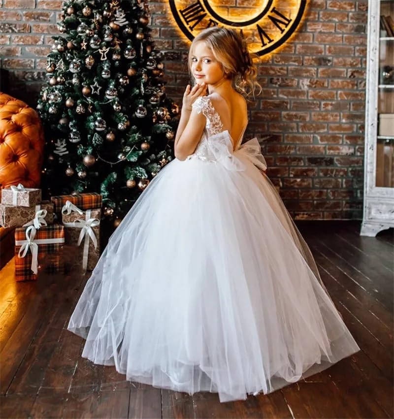M_RAC Lace Appliques Flower Girls Dresses for Wedding Party Dress Tulle First Communion Ball Gowns with Bow FL0014