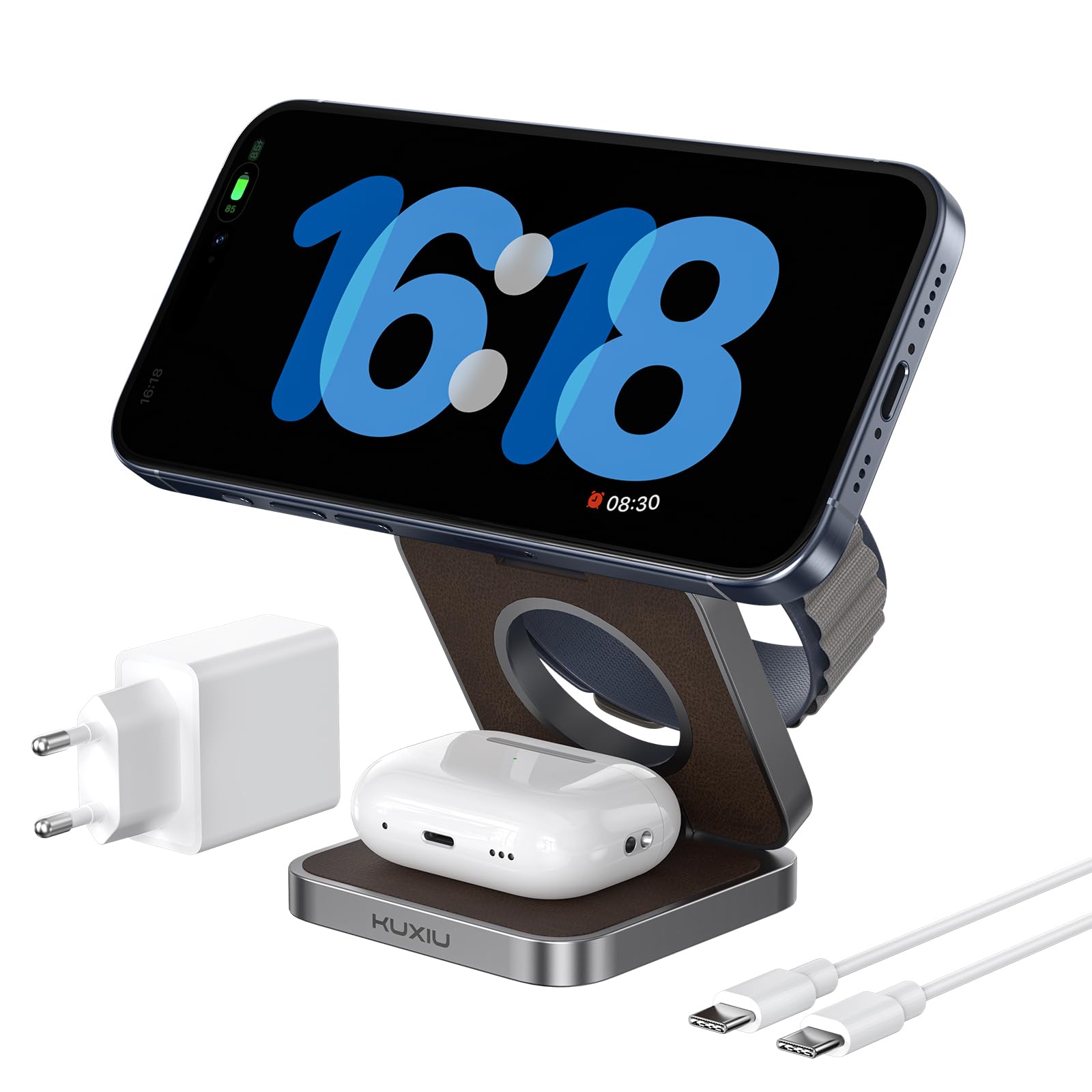 KU XIU X40 Cargador Inalámbrico 3 en 1 Plegable de Aluminio – Estación de Carga Magnética para iPhone 17–12 /Air, 5W para iWatch Ultra/SE/Series 11–4 y Auriculares Inalámbricos 4/3/2/Pro – Cuero PU