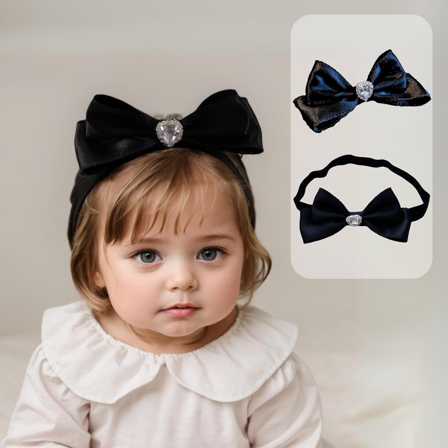 Baby Girls Velvet Gloss Bows Headband Soft Grosgrain Bow-knot Hairbands Elastic Lace Ribbon Birthday Shower Hair Accessories for Newborn Infant Toddler Kids (Black B, Elastic)