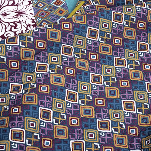 Image of Lush Decor Boho Stripe Reversible Cotton Quilt 3-Piece Set, King, Plum & Yellow - Bold Colorful Bohemian Bedding Set