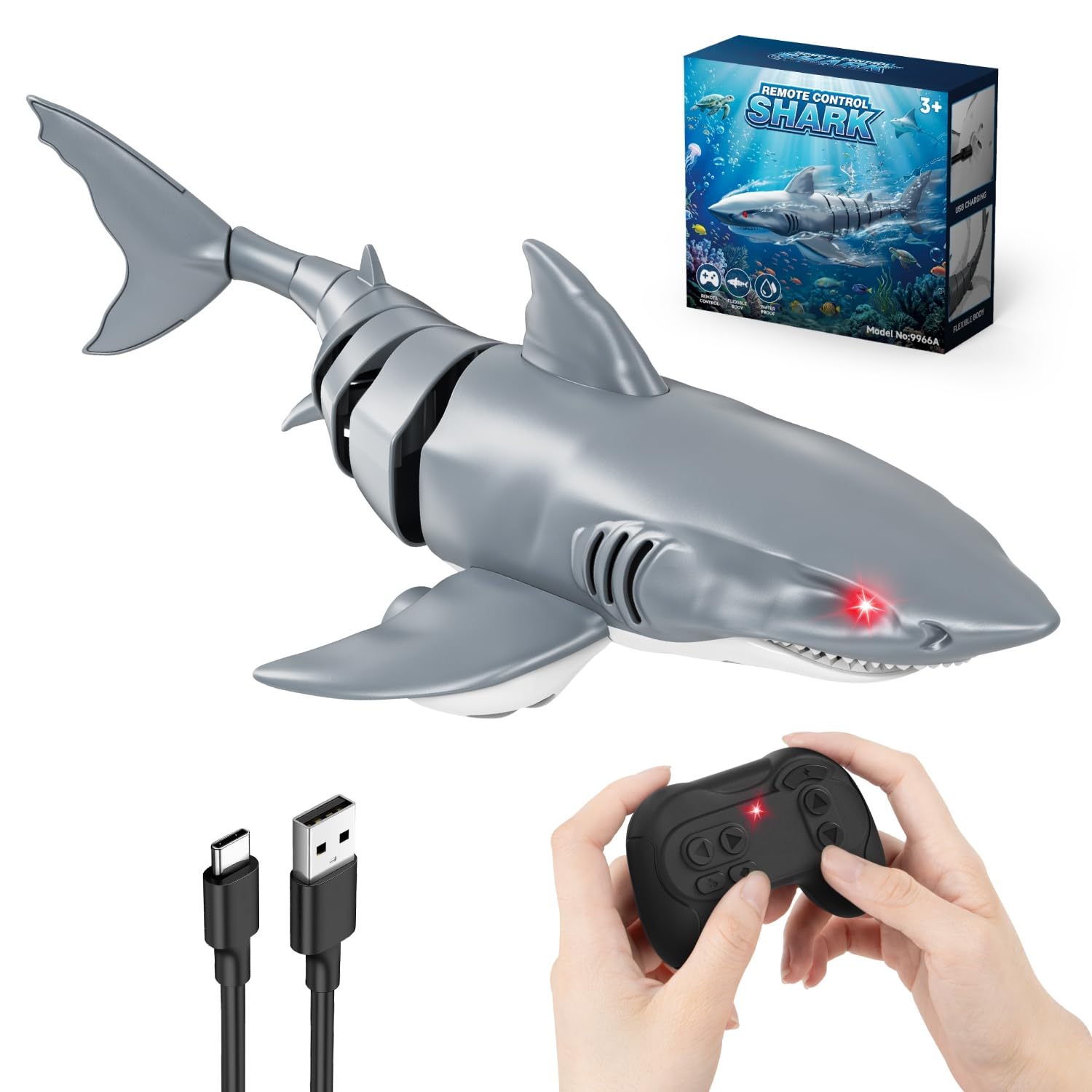 Tozinova Remote Control Shark Toy, 2.4 GHz Simulation Shark Toy Boat with LED Lights for Pools and Lakes, USB Direct Charging, Waterproof, 360°Rotate RC Shark Function for Kids Boys Girls 5 6 7 8 9
