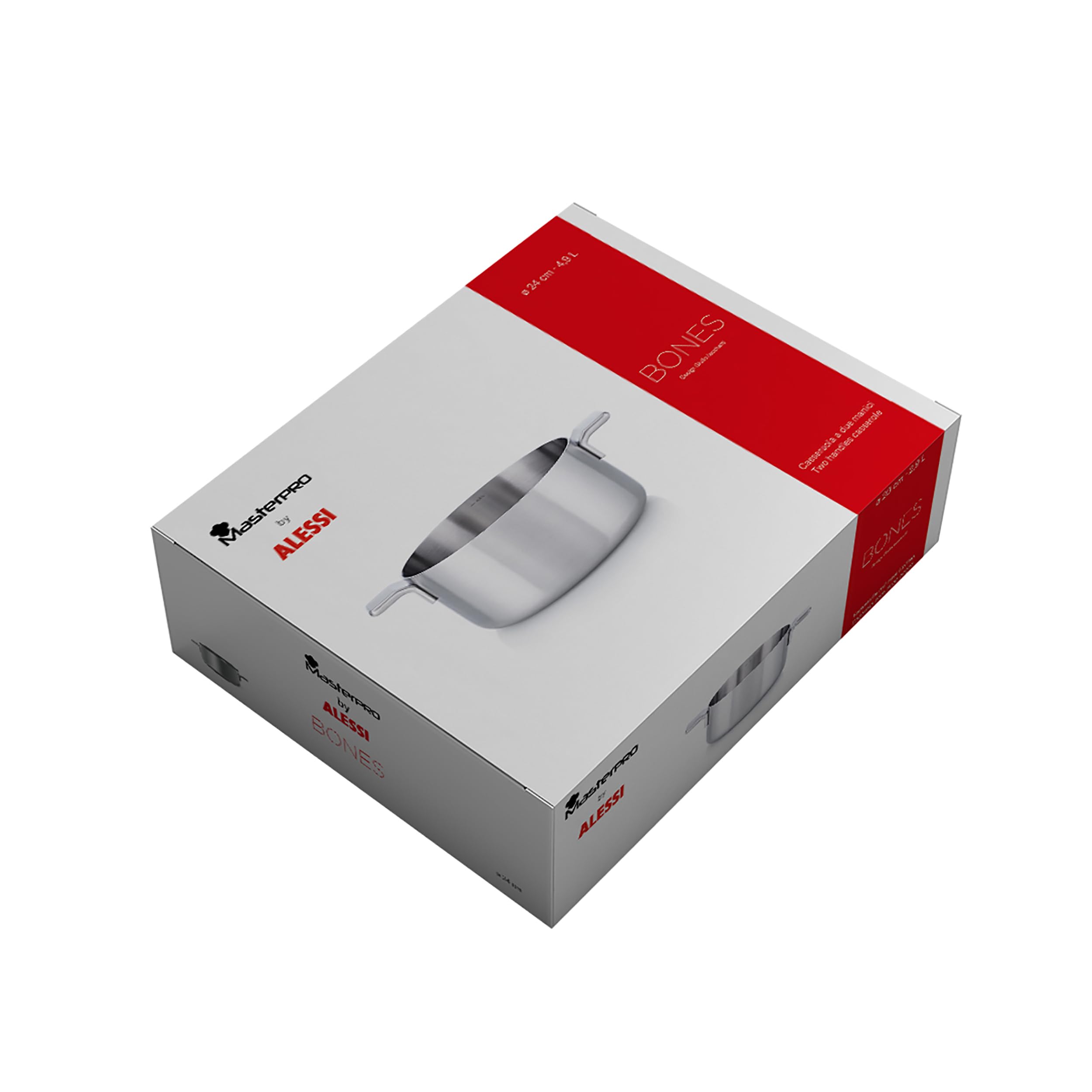 MasterPRO Alessi Bones - Cacerola 24 cm de Acero Inoxidable - Acabado Interior Y Exterior Mate - Cuerpo Recto - Escala Medidora - Asa Lateral Soldada De Fundición Hueca - Apta para Inducción