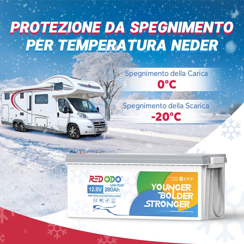Redodo Batteria LiFePO4 12V 280Ah con protezione a Bassa Temperatura,Batteria Litio con BMS 200A,Max 3584Wh di Energia,Perfetta per Sistemi Solari,Camper, Barche,Accumulo di Energia Domestica
