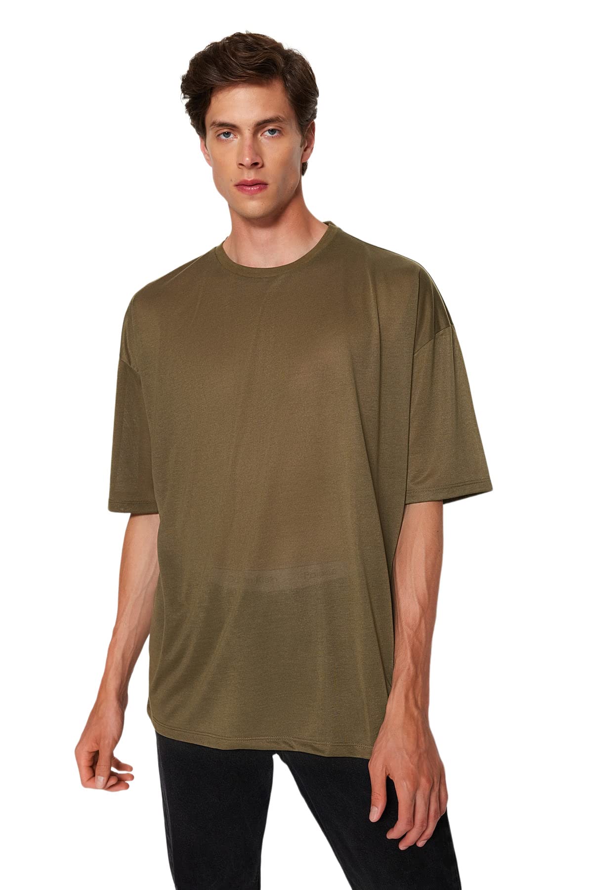 Trendyol Man Oversize Basic Crew Neck Woven T-Shirt Khaki