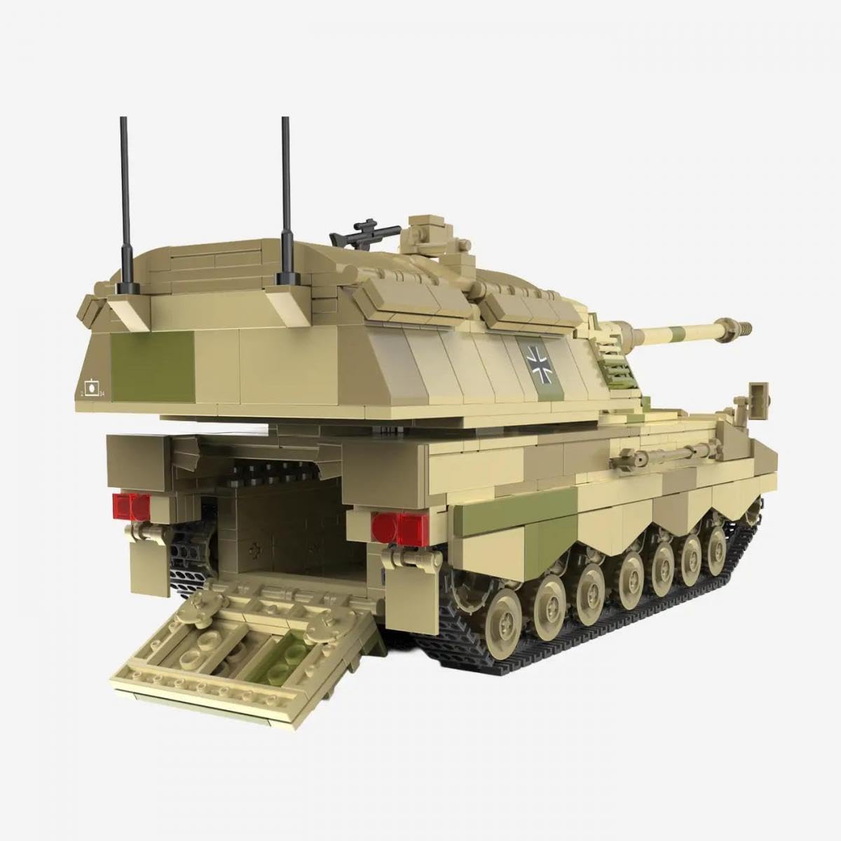 BlueBrixx Panzerhaubitze 2000 Wüstentarn, 1385 Teile, Displaymodell | Gefedertes Fahrwerk, Kettenstruktur, Luken und Turmheck, helle Farbgebung, 420 x 128 x 180 mm, ab 14 Jahren, 108944