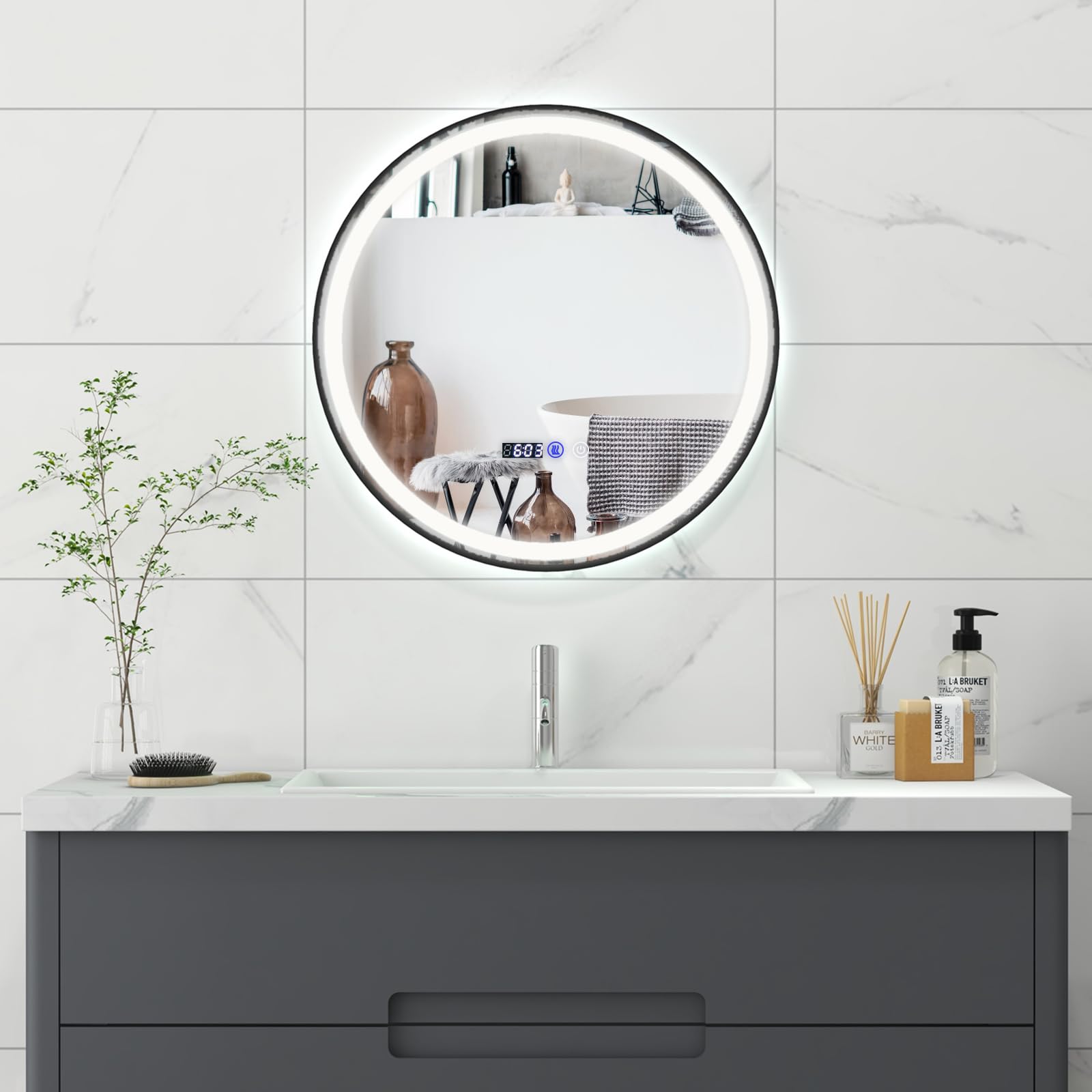 COSTWAY Podświetlane lustro łazienkowe LED, ścienne, 3-kolorowe światło LED, funkcja pamięci i funkcja zapobiegająca zaparowaniu, okrągłe lustro kosmetyczne do łazienki, 60 cm