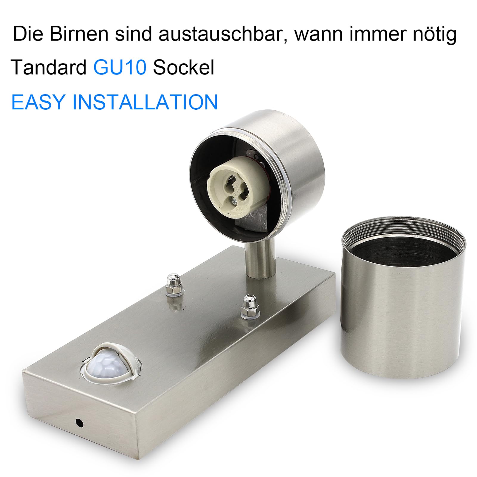 HiBay Applique Murale Exterieur Détecteur de Mouvement 7W,Éclairage Exterieur avec Detecteur Mouvement LED Moderne Inox Brossé GU10 550lm Blanc Chaud IP44 Étanche Lot de 2