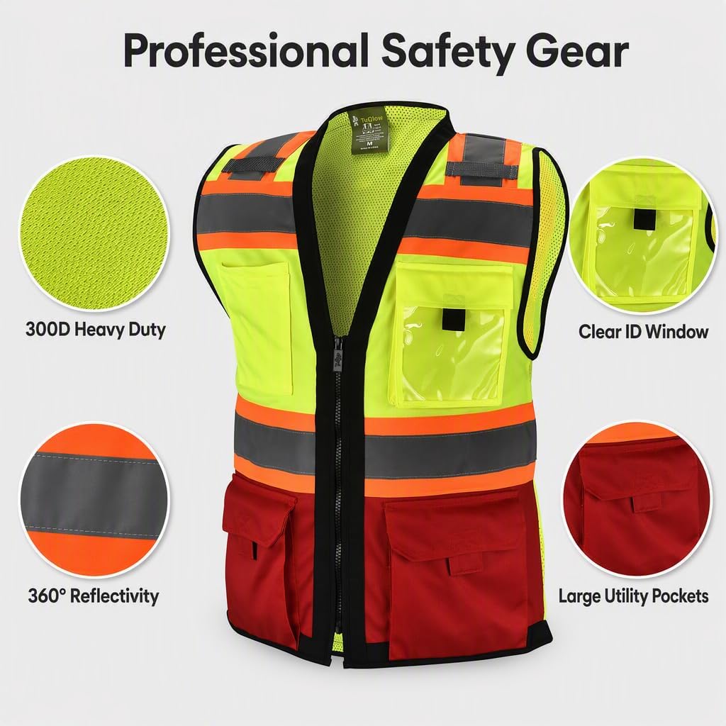 Gasoline Class 2 High Visibility Reflective Safety Vests Women & Men | With 6 Pockets And Zipper Front,Meets Ansi/Isea Standards