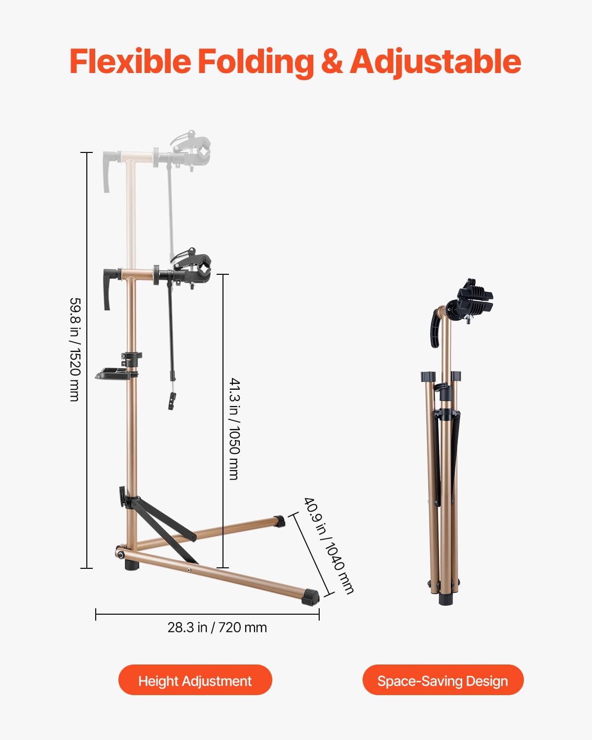 VEVOR Pied d'atelier vélo, hauteur réglable de 105-152 cm, support de réparation de vélo robuste, charge 39,9 kg, stand de bicyclettes avec plateau à outils magnétique, pour vélos de montagne et route
