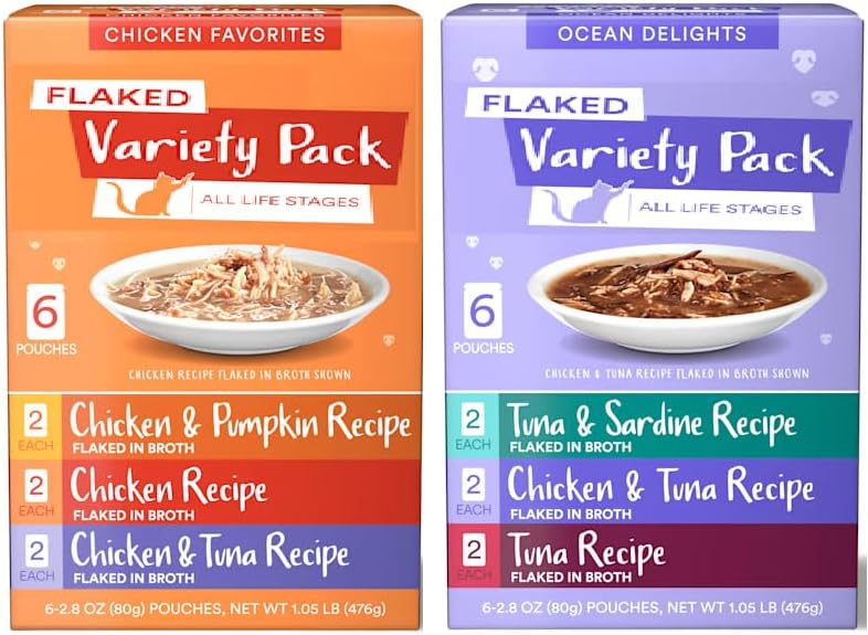 Grain-Free Flaked Wet Cat & Kitten Food Variety Pack – Real Chicken in Broth – No Corn, Soy or Wheat – Omega-3s for Skin & Coat – All Life Stages (12 Pouches, Chicken)