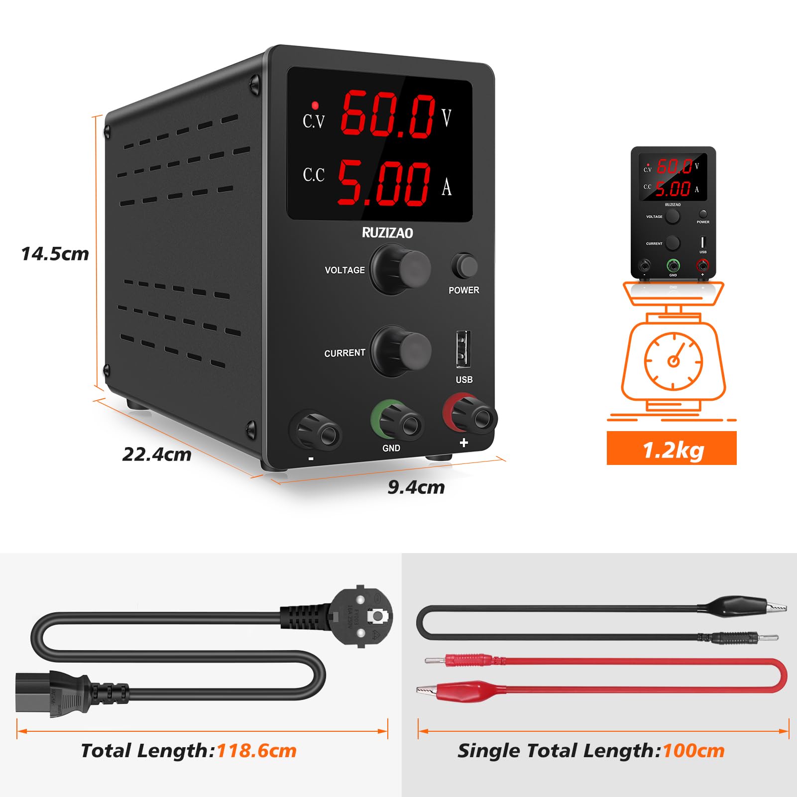 Fuente de Alimentación Regulable 60V 5A, Fuente de Alimentación de Laboratorio con Pantalla LED de 3 Dígitos, Fuente de Alimentacion de Banco con Puerto USB 5V/2A Fuente de Alimentación de CC
