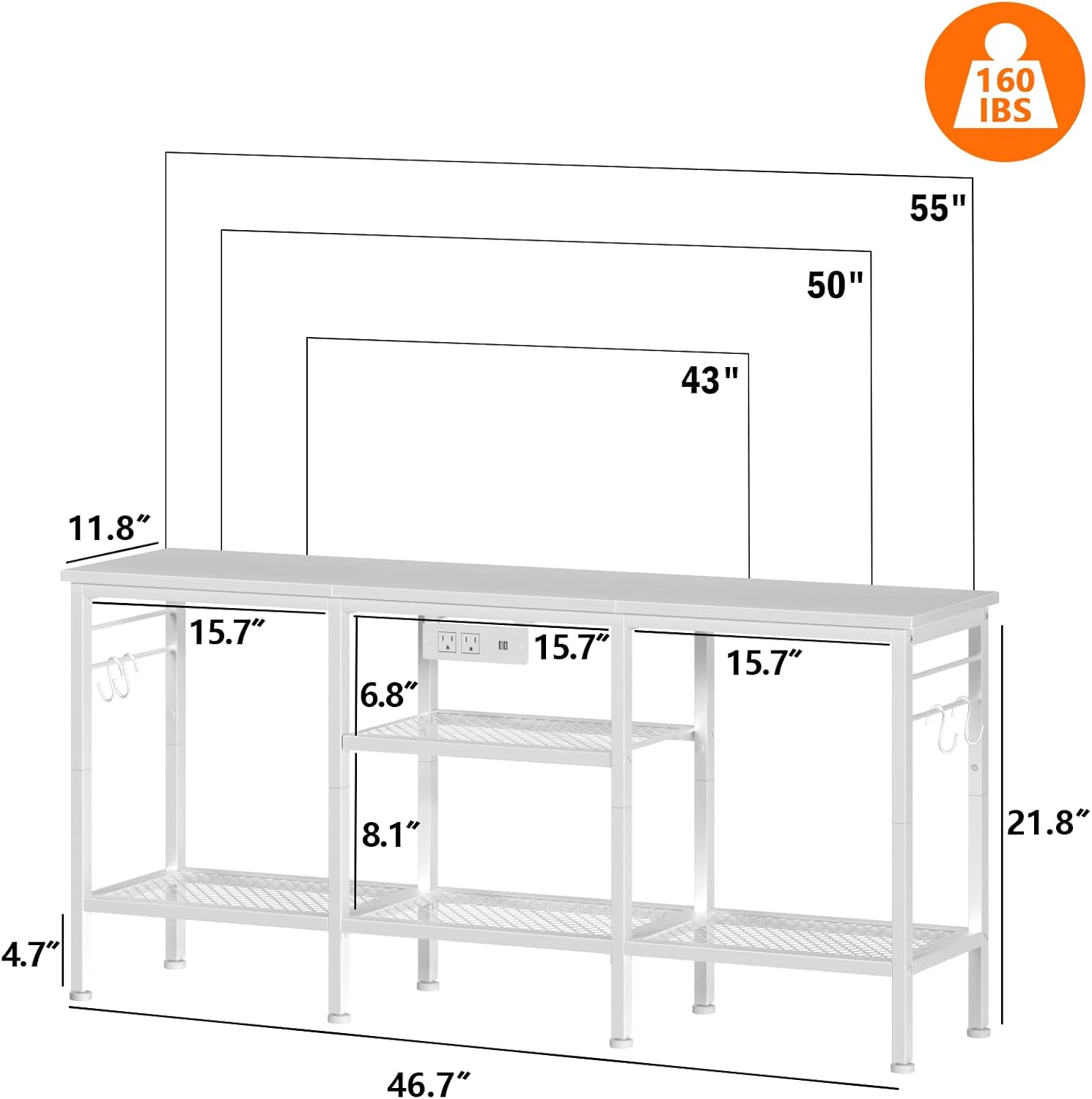 Furologee TV Stand with Power Outlets, Entertainment Center with Open Storage Shelves for TVs up to 55 Inch, TV Media Console Table with Soundbar Shelf for Living Room, Bedroom, White
