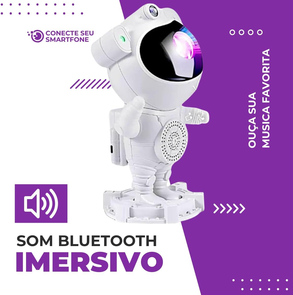 Projetor Astronauta Galaxia e Estrelas com Som Bluetooth Luminária Nebulosa Lua Luz Noturna com Controle Remoto Crianças e Adultos