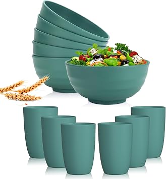 Wrova wheat straw large salad bowls 60oz set of 6 with 20oz wheat straw cups set of 6- Green series
