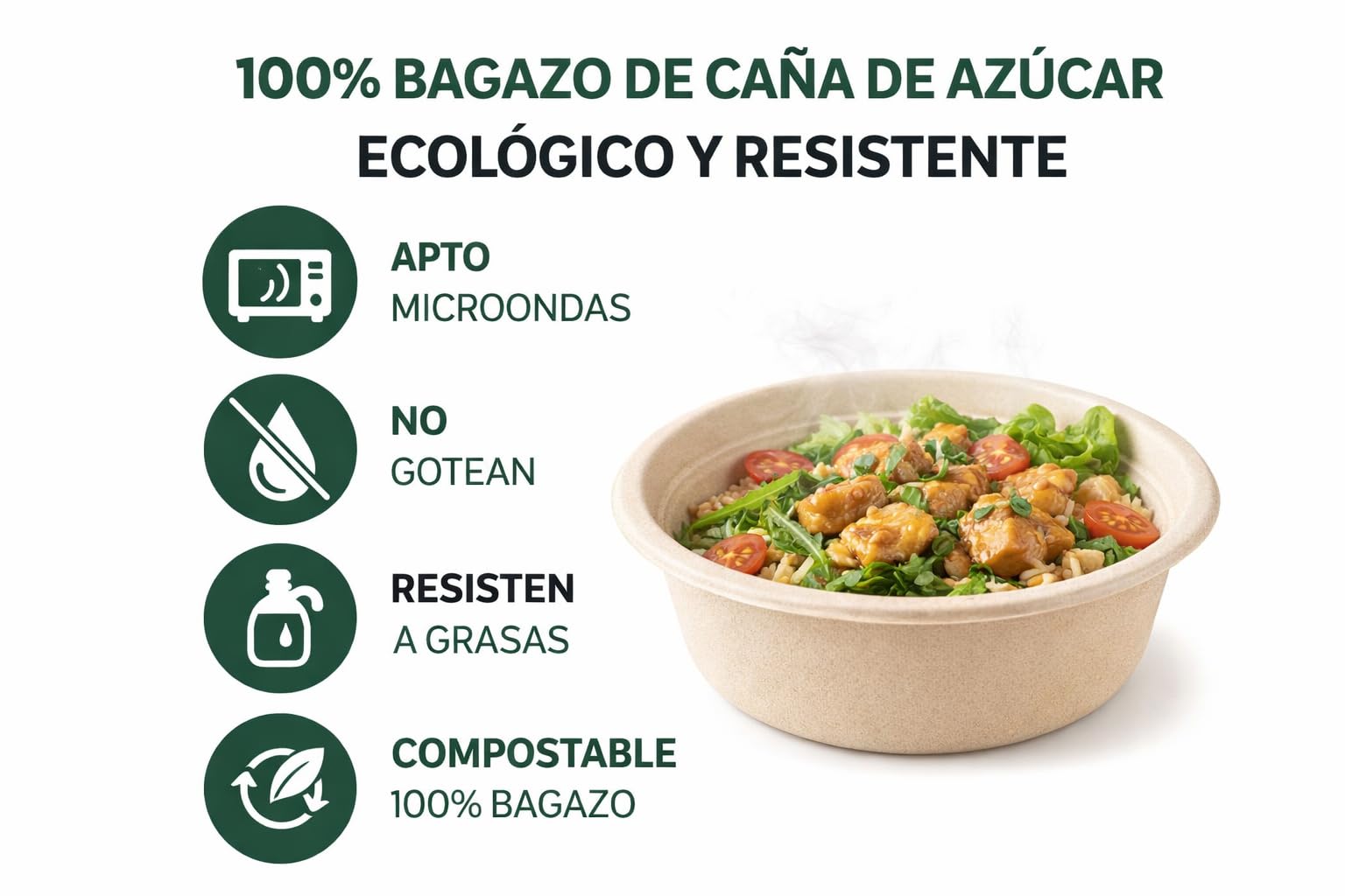 Bol Desechable Bagazo de Caña de Azúcar – Apto Microondas – Biodegradable y Compostable – Antigoteo – Para Caliente y Frío – Kraft Natural o Blanco – 350 ml / 500 ml / 900 ml (200, BLANCO, 900 ml.)