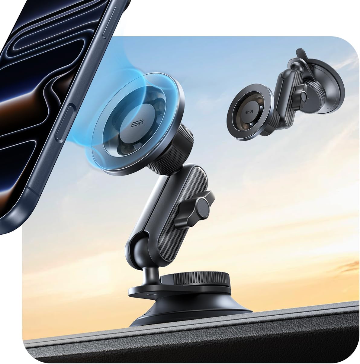 ESR OmniLock for MagSafe Car Mount, Vacuum Magnetic Car Mount, 360° Adjustable Car Magnetic Phone Holder, Suction Cup Phone Holders for Your Car, for iPhone 17/16/15/14/13/12/Samsung, All Smartphones Black
