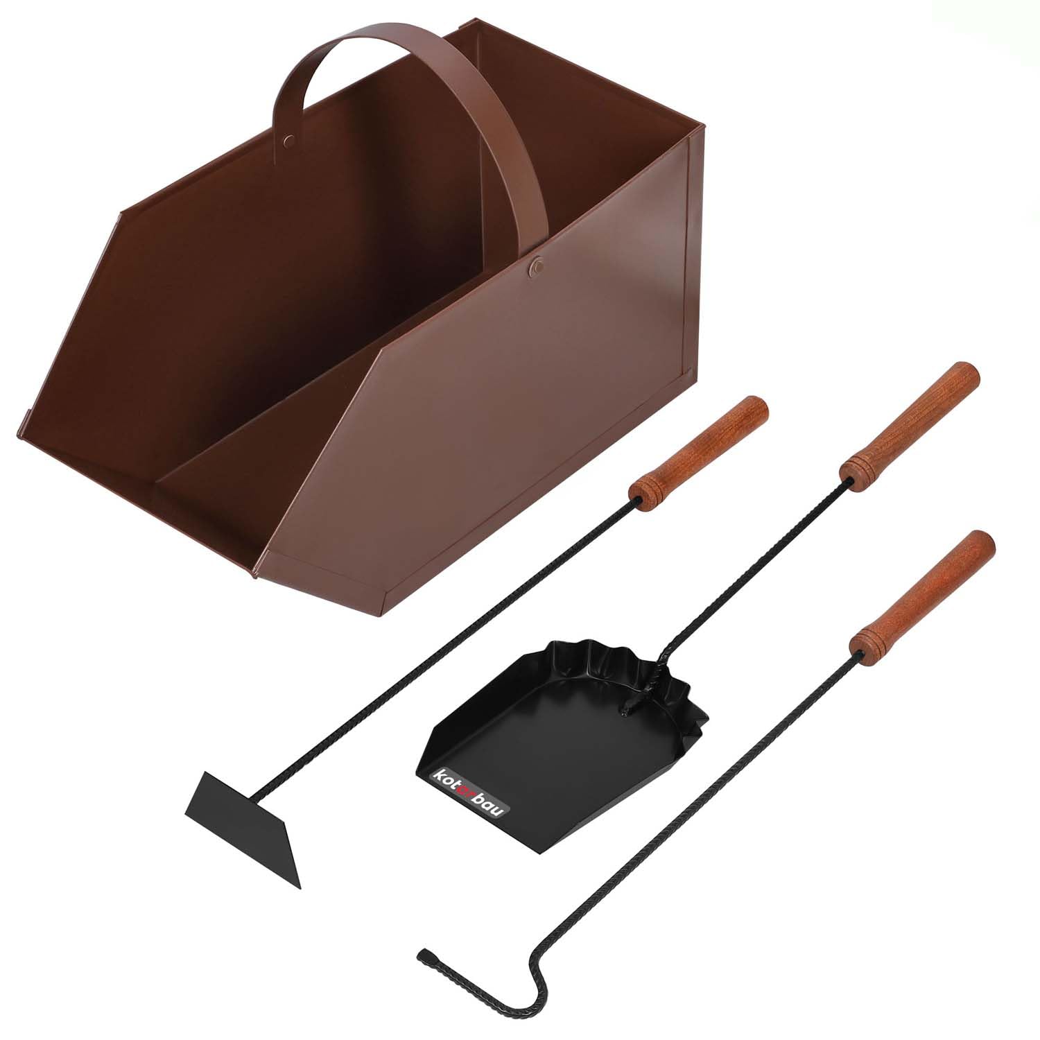 KOTARBAU® Kaminbesteck 4er Set mit Ascheeimer Schürhaken Besen Schaufel mit Holzgriff Kamingarnitur Ofenbesteck Kaminzubehör Pulverbeschichtetes Metall Braun und Schwarz