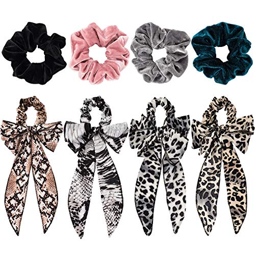 79STYLE 8pcs Hair Scarf Scrunchies Large Velvet Scrunchy Hair Ponytail Holder Satin Silk Scrunchies For Thick Hair Leopard Print Chiffon Hair Accessory