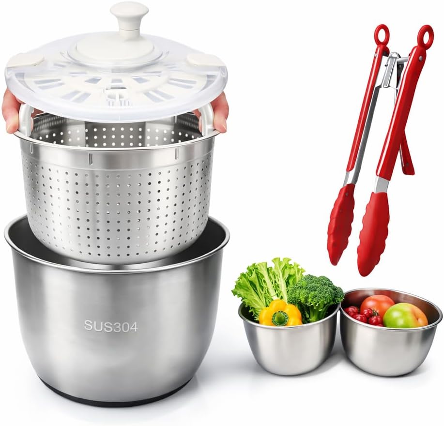 6L Stainless Steel Salad Spinner with Bonus Tong – Large Vegetable Spinner, Fruit Washer & Lettuce Dryer, Dishwasher‑Safe Stainless Salad Spinner with Strainer Bowl for Greens, Pasta & Small Fruits