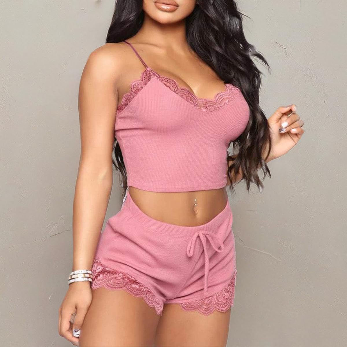 RUEWEY Women's V-Neck Sleeveless Pajamas Set Lace Cami Set with Short Pants Sleepwear PJ Set Nightwear - Image 6