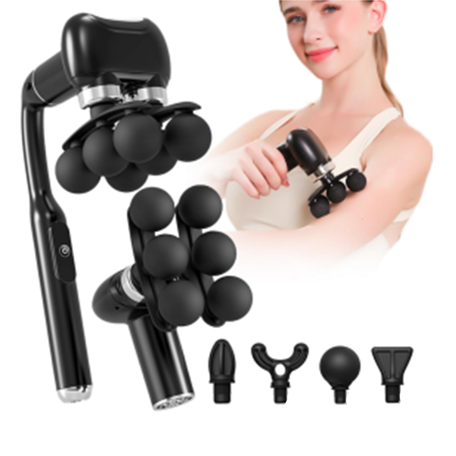 Appareil de massage à double tête, pistolet de massage à impact amovible avec poignée allongée, masseur du dos à main, masseur des tissus profonds, 5 têtes de massage interchangeables