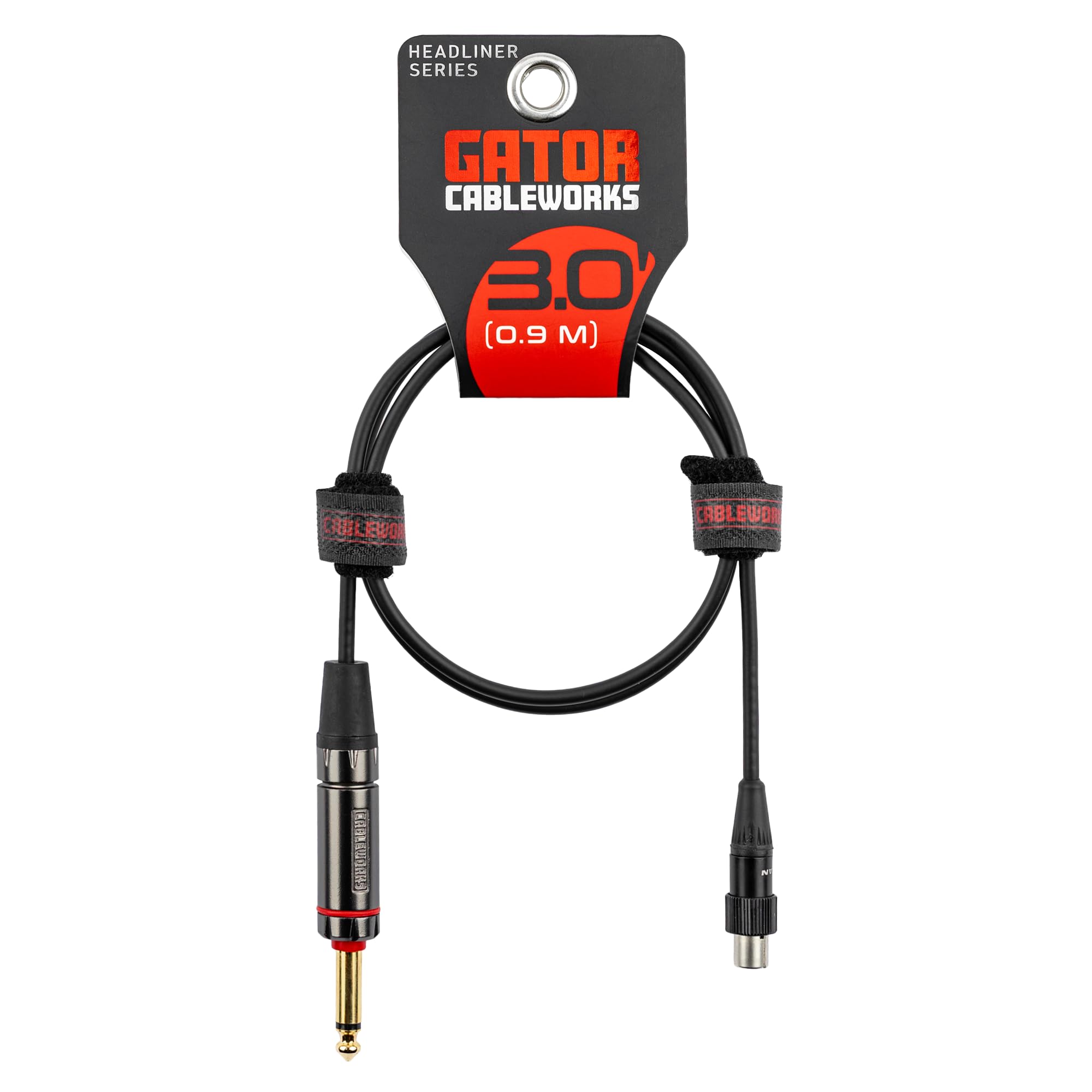 Cableworks by Gator Cases Headliner Series - Cable de instrumento recto de 3 pies de 1/4 pulgadas con interruptor silencioso a TA4F para transmisor inalámbrico de mochila, (GCWH-TA4F-3QT)