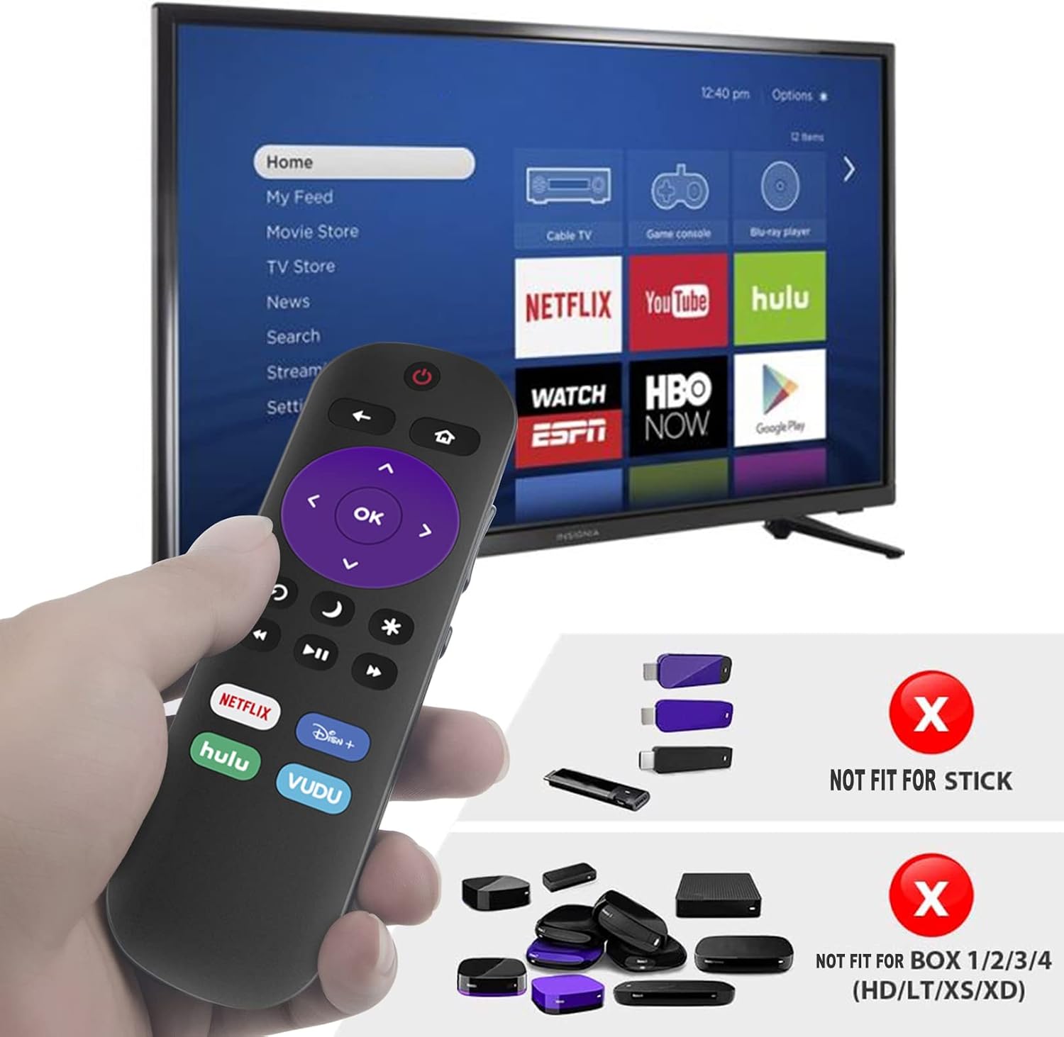 Replace IR Remote Control fit for ONN Roku TV, 4K UHD LCD Smart HDTV with Net-Flix Dis-ney Hu-lu VU-DU Shortcut APP Button Key