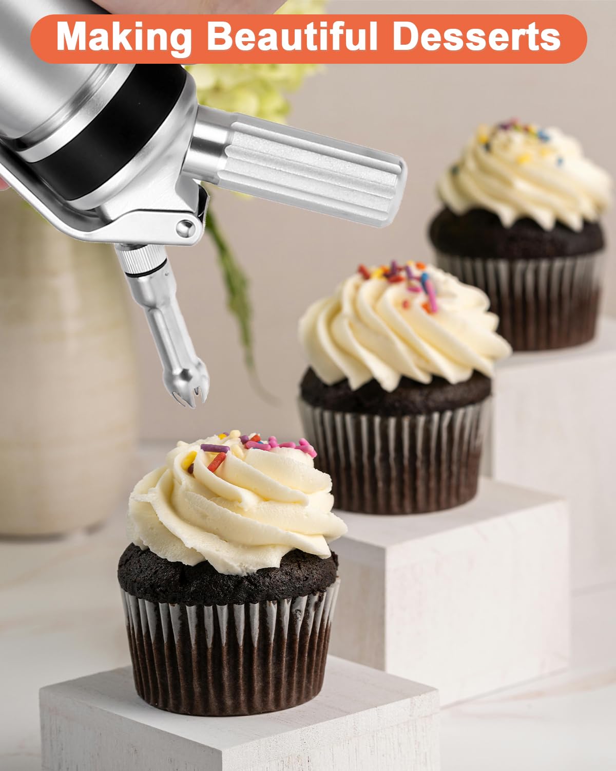 500ml Sahnespender, Sahnespender aus Aluminium, Sahnesyphon mit 3 Edelstahl Deko Düsen, 3 Kunststoffe Deko Düsen, 1 Kapselhalter, 1 Reinigungbürste und 1 Synopsis, für Schlagsahne, Creme, Mousse