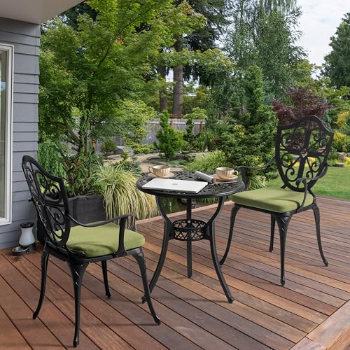 Image of NUU GARDEN Outdoor 3 Piece Bistro Set with Cushions Round 24 Inch Cast Aluminum Table with 2.17 Inch Umbrella Hole and 2 Cast Aluminum Bistro Chairs for Patio Garden Backyard and Balcony Black