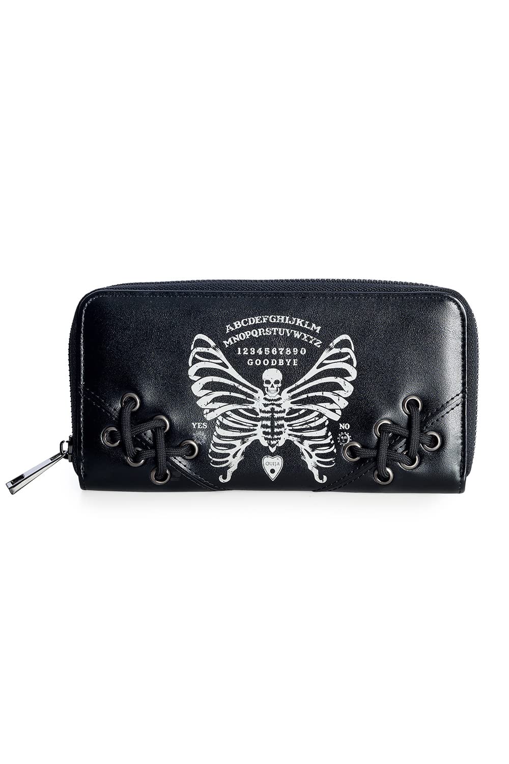 Lost Queen Women's Gothic Skeleton Butterfly Zip Around Wallet Ouija Spirit Board Faux Leather Zip Around Clutch
