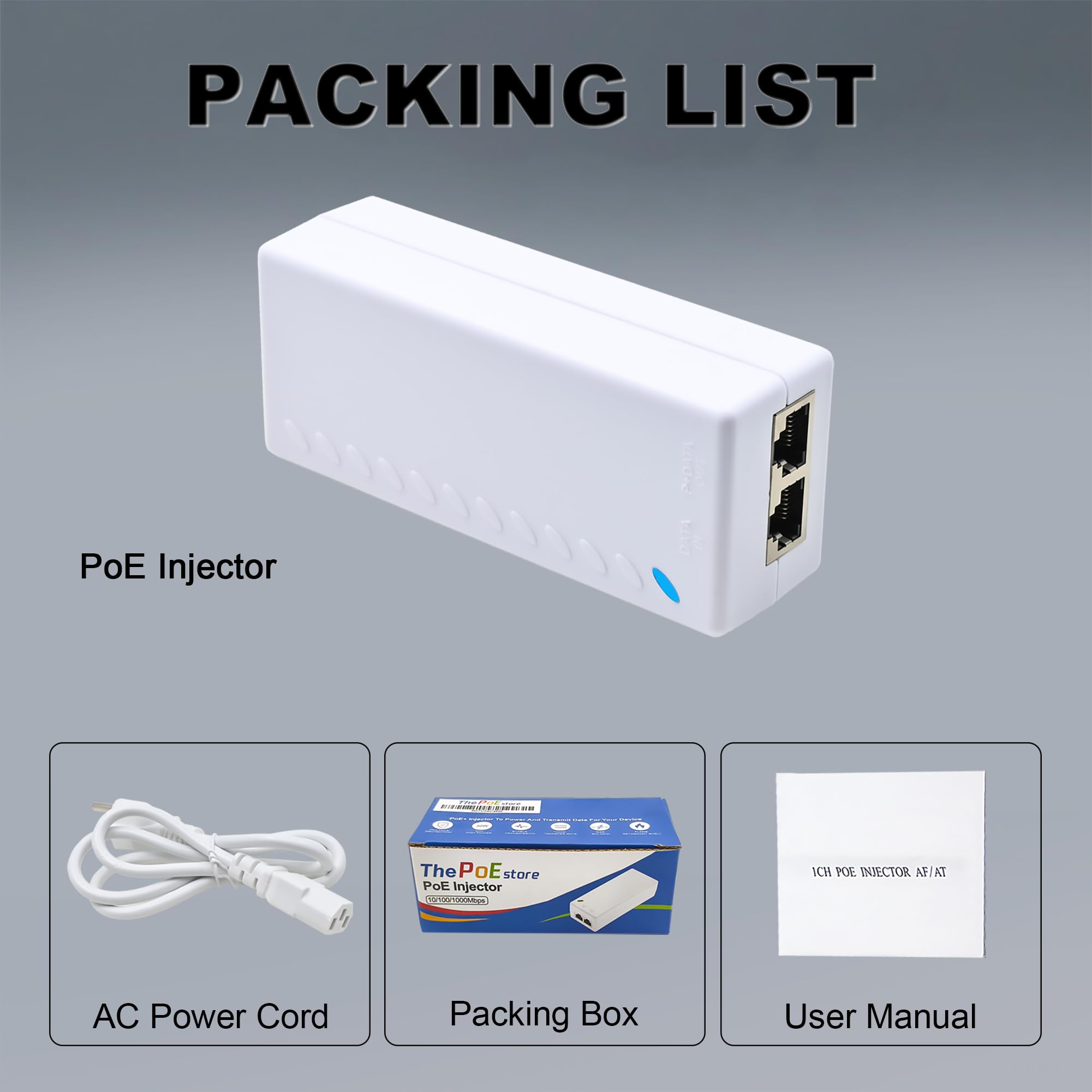 Iniettore PoE+ 10Gbps - Adattatore di rete Powerline, 30W | Compatibile con IEEE 802.3af/at, 15,4 W (PoE) o 30 W (PoE+), fino a 100 m, per fotocamere, punti di accesso e telefoni IP