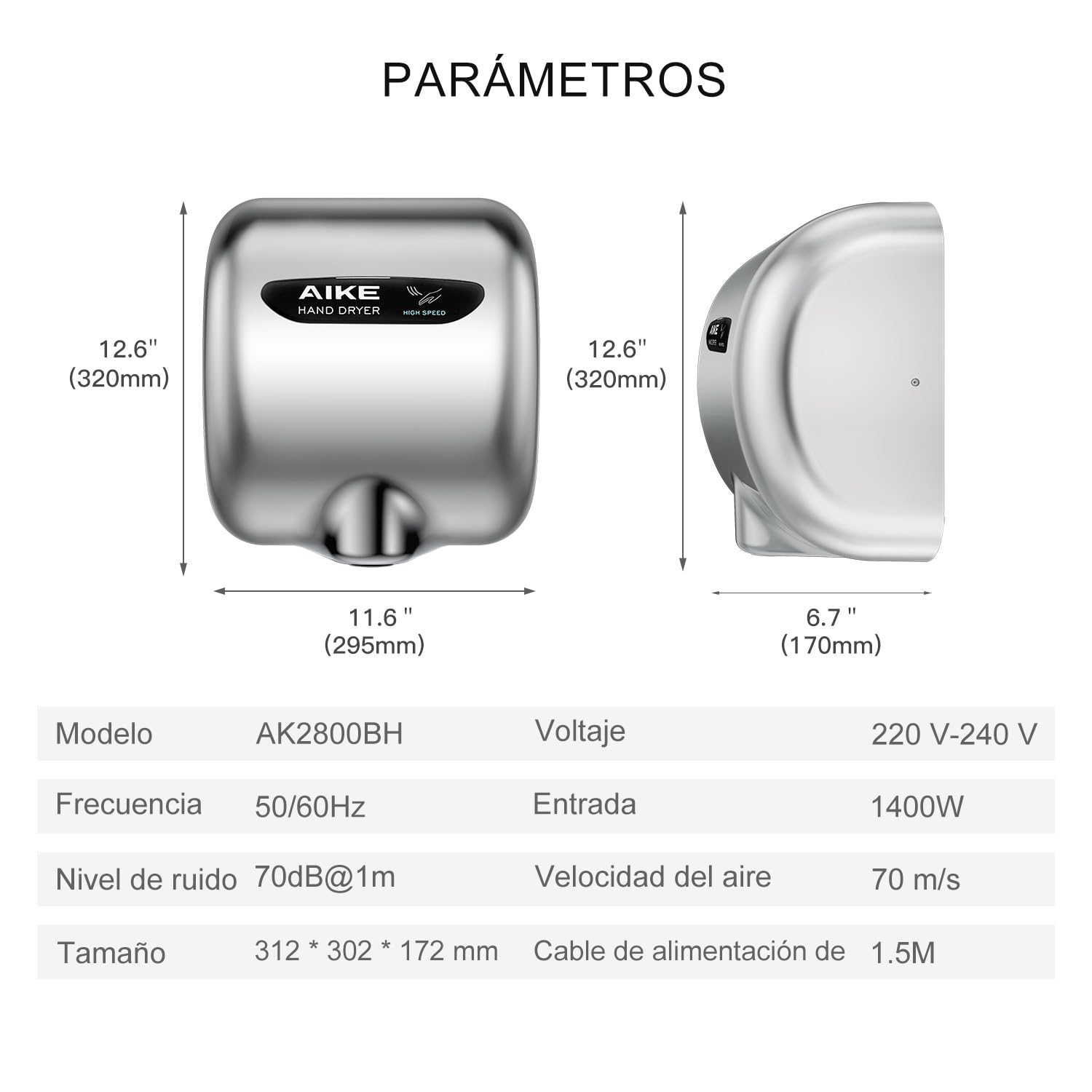 AIKE Elephant Power Secador De Manos con Filtro HEPA, Comercial Alta Velocidad, Viento Cálido Auto, Cubierta Acero INOX AC220V-240V, AK2800BH