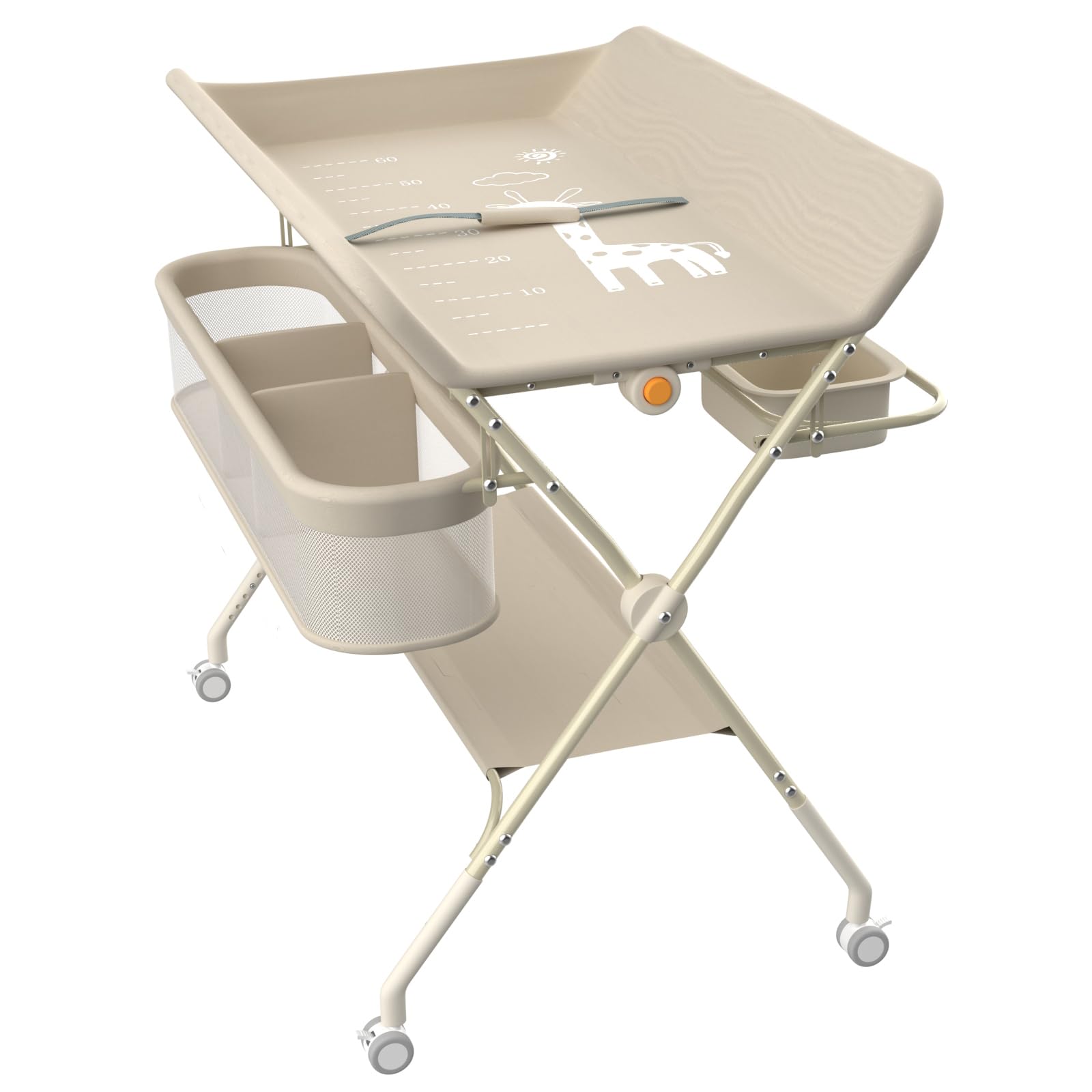Wickeltisch, 3-in-1, Wickelkommode für Baby, von Geburt bis 12 Monate (bis 25 kg), Wickeltisch, faltbar, tragbar, Wickeltisch für Babys, mit 4 Rollen,75 x 68 x 83–91 cm (Cremeweiß)