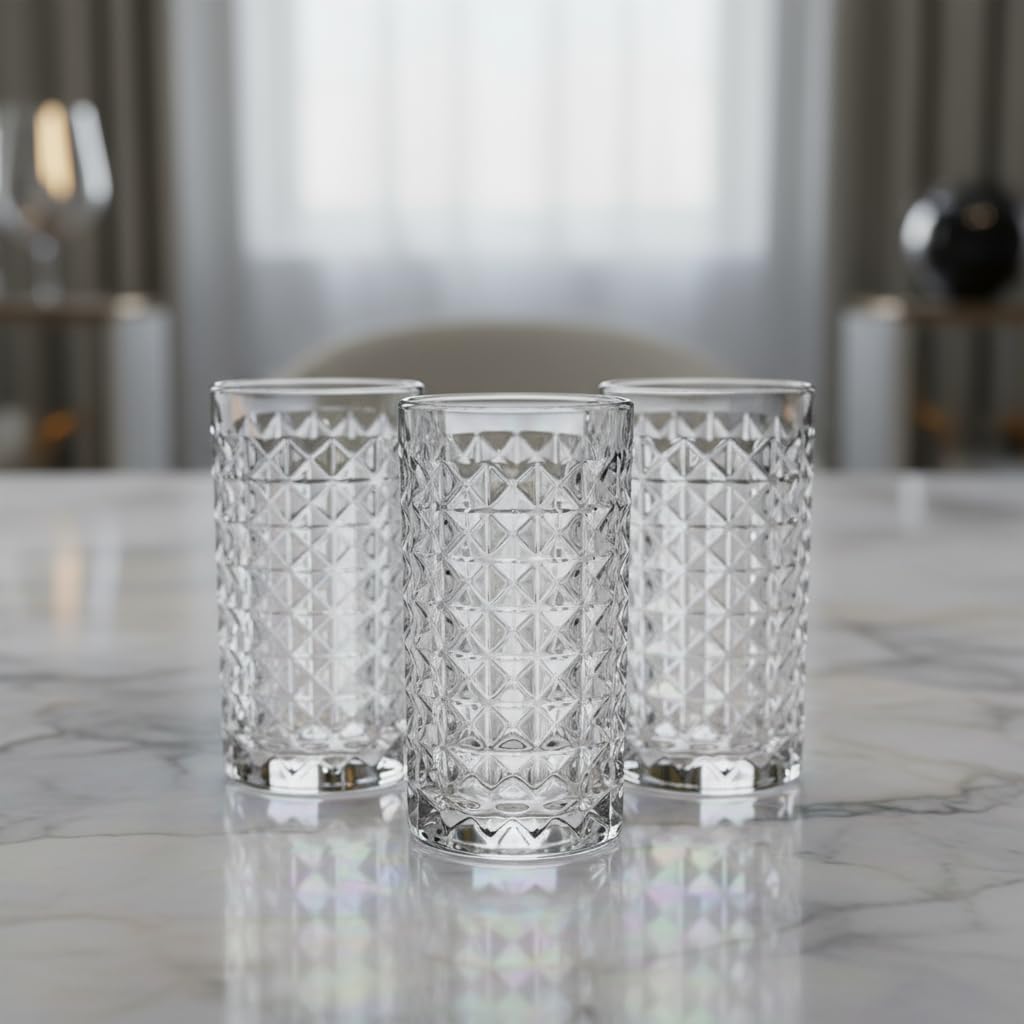 Old Fashioned Glass Set of 6 – 11 oz Striped Highball Glasses for Cocktails, Smoothies, Iced Coffee, Whiskey, Juice – Stylish and Durable Drinking Glasses for Home, Kitchen, and Parties