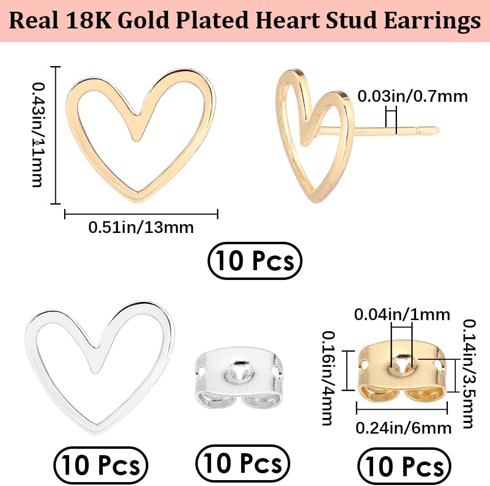 Beebeecraft 20Pcs 2 Colors Heart Earring Findings 18K Gold & 925 Sterling Silver Plated Brass Hollow Heart Love Stud Earring with Loop for Jewelry Making Valentine's