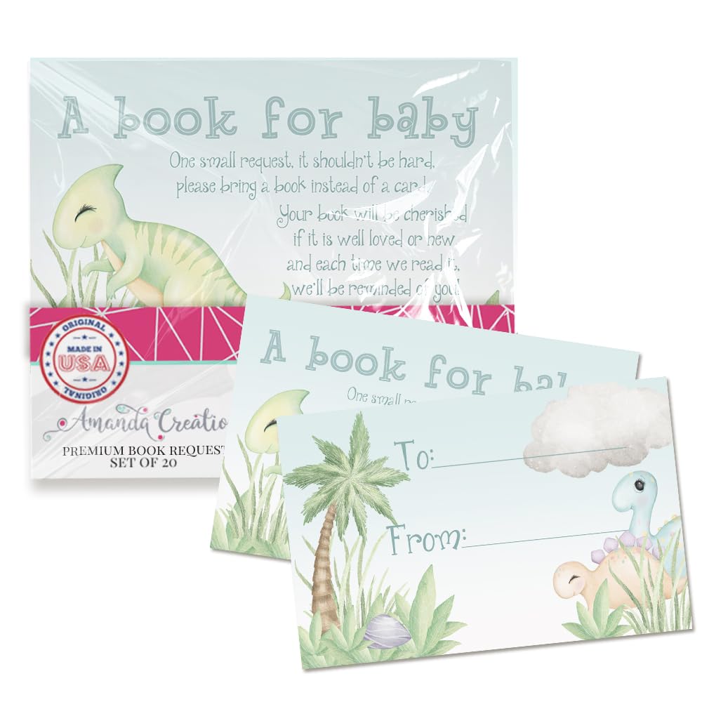 Amanda Creation Book Request Cards Blue Dinosaur Bring a Book Insert Request for Baby Shower - 20 2.5 by 4 Inch Double Sided Gift Tags, Made in the USA