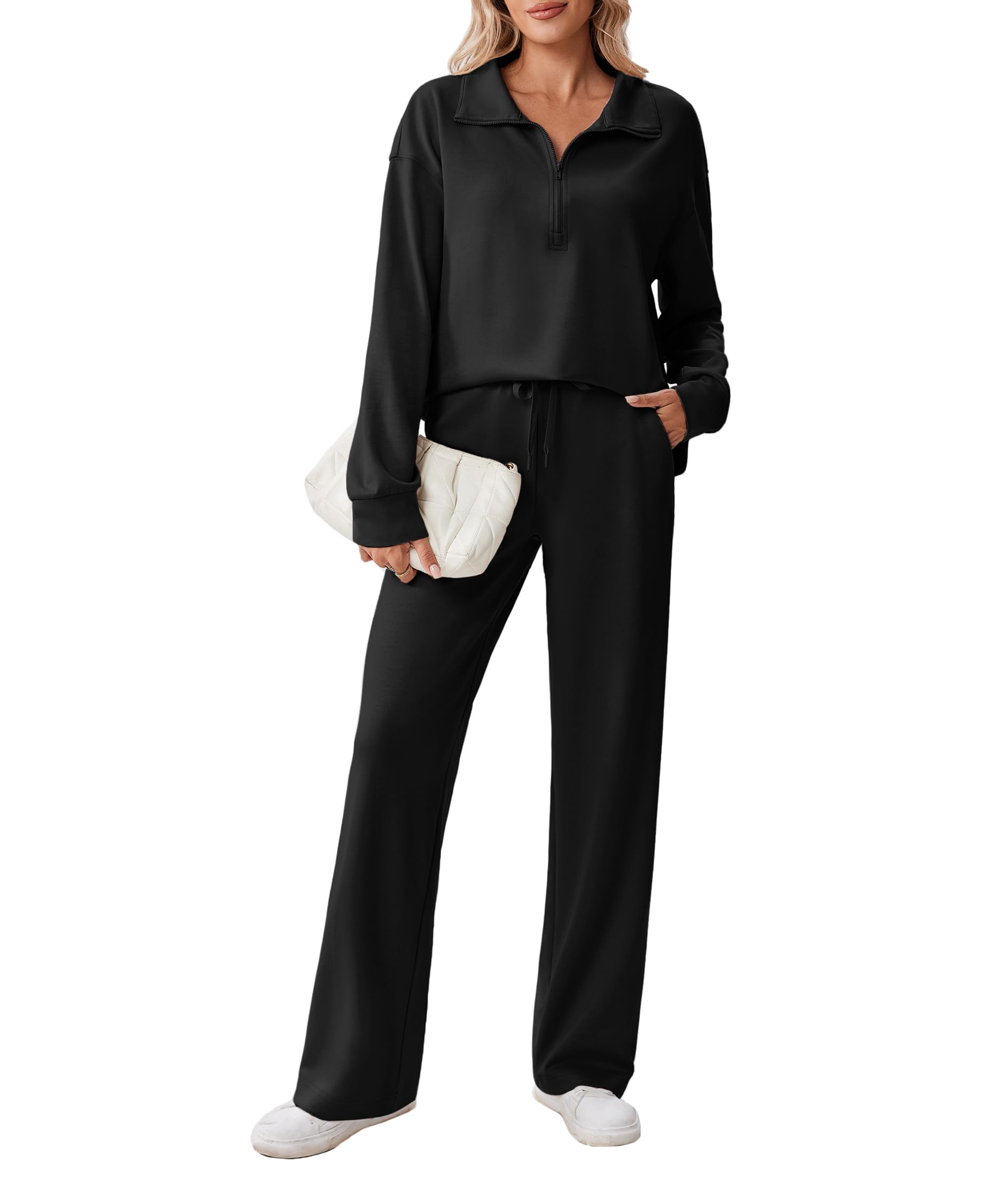 PINSPARK 2 Piece Sets for Women 1/2 Zip Sweatsuit Loose Fit Sweatshirt Straight Leg Pants 2025 Matching Outfit Fall Tracksuit