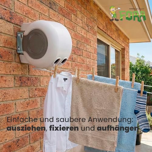 FORA Wäscheleine Mit 2 Ausziehbaren Seilen 26m (13m×2) – ABS+PVC, 180° Schwenkbar, Traglast 15 Kg, Leine 2.9 Mm, Weiß/Grau