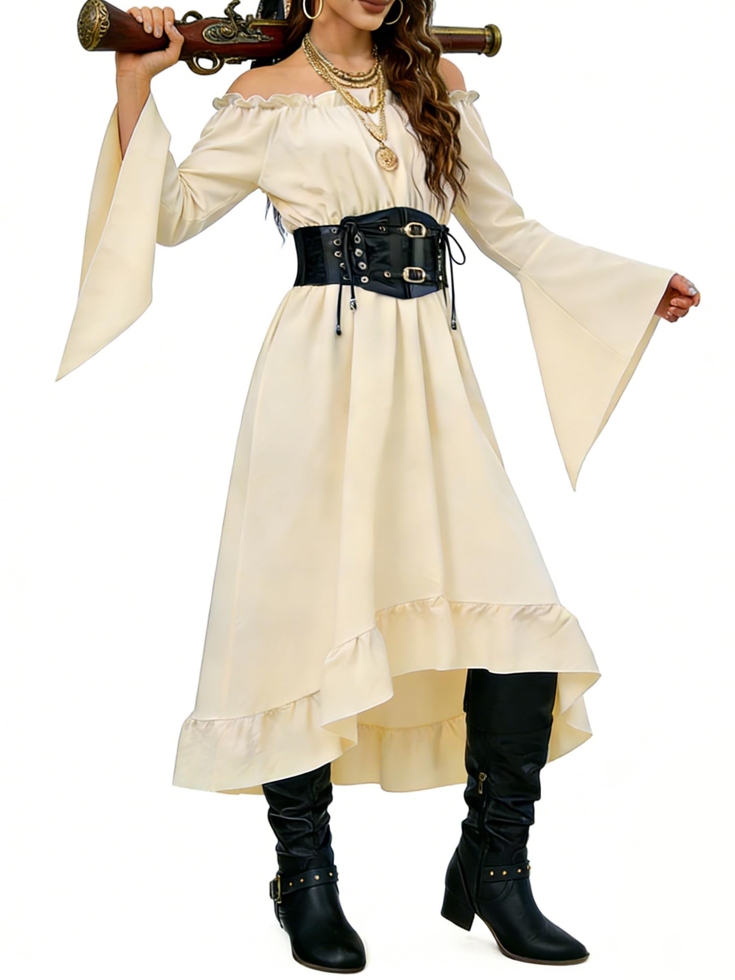 Lshyuehao Women Medival Off Shoulder Corset Dress Pirate Bustier Dress for Halloween (C-White, L)