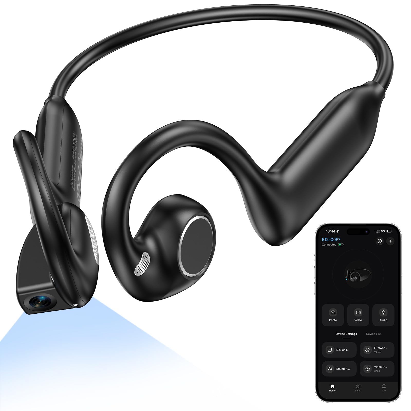 beartain e12 bone conduction headphones with camera, hand-free pov camera headphones, ai functions, ip54 waterproof, bluetooth open-ear wireless sports headset for running cycling with app